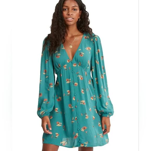 Billabong Days On End Dress Size LG Emerald Floral Babydoll Cottagecore Feminine - Picture 2 of 10